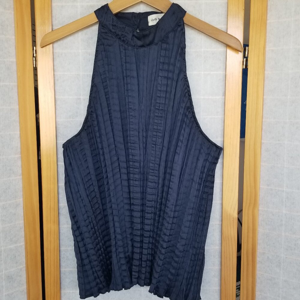 Cloth & Stone Top Navy Blue Blouse Silky Plisse Sleeveless Dressy